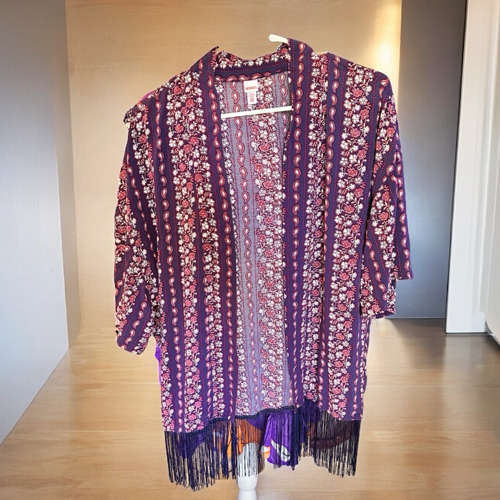 Bongo Blue Red White Scarf Print Fringe Kimono Jacket Women Juniors S/M - Picture 5 of 11
